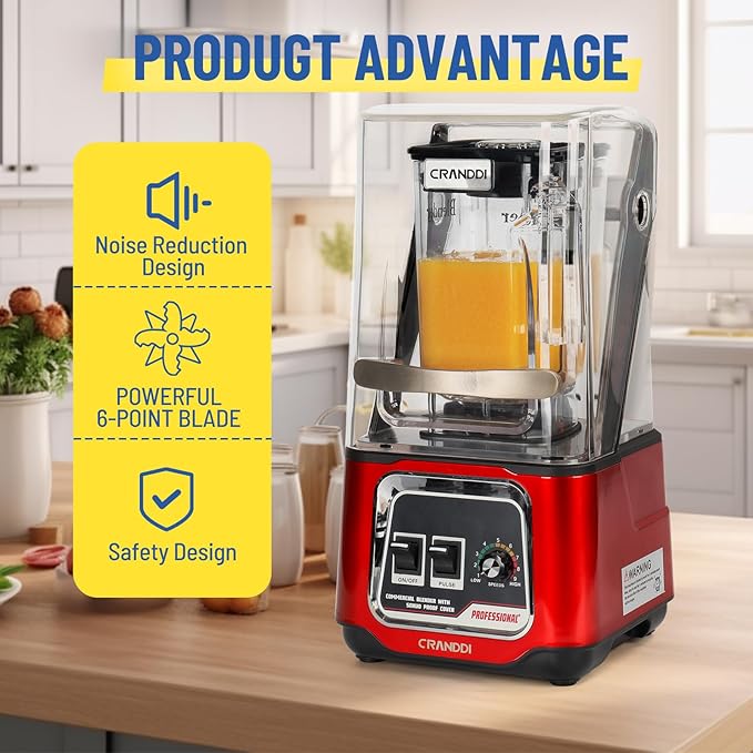 CRANDDI Professional Smoothie Blender, 2200W Commercial Soundproof Quiet blender with Removable Soundproof Shield for Crushing Ice, MilkShakes, Puree, Self-Cleaning, 50oz 110V K80 (Red)