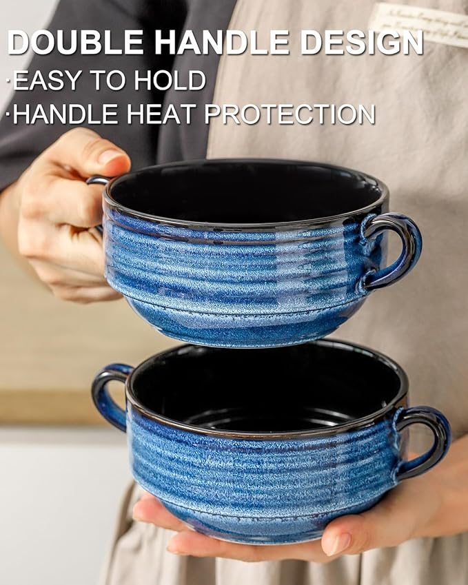 Soup Bowls with Handles, 22 oz French Onion Soup Bowls, Stackable Ceramic Bowls Set of 2, Serving Bowls for Chili, Beef Stew, Soup, Cereal, Oven Microwave Dishwasher Safe, Blue