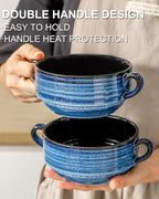 Soup Bowls with Handles, 22 oz French Onion Soup Bowls, Stackable Ceramic Bowls Set of 2, Serving Bowls for Chili, Beef Stew, Soup, Cereal, Oven Microwave Dishwasher Safe, Blue
