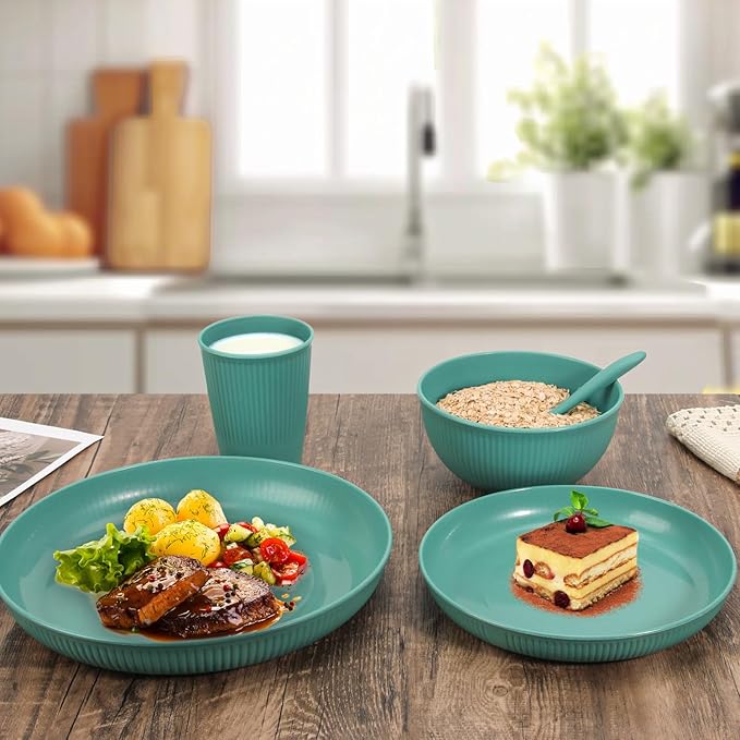 OAMCEG Plates and Bowls Sets Kitchen 42 Pcs, Plastic Wheat Straw Dinnerware Set, Dinner Plate/Dessert Plate/Cereal Bowl/Cup/Flatware Set, Dishwasher Microwave Safe, Outdoor Camping Dishes, Green