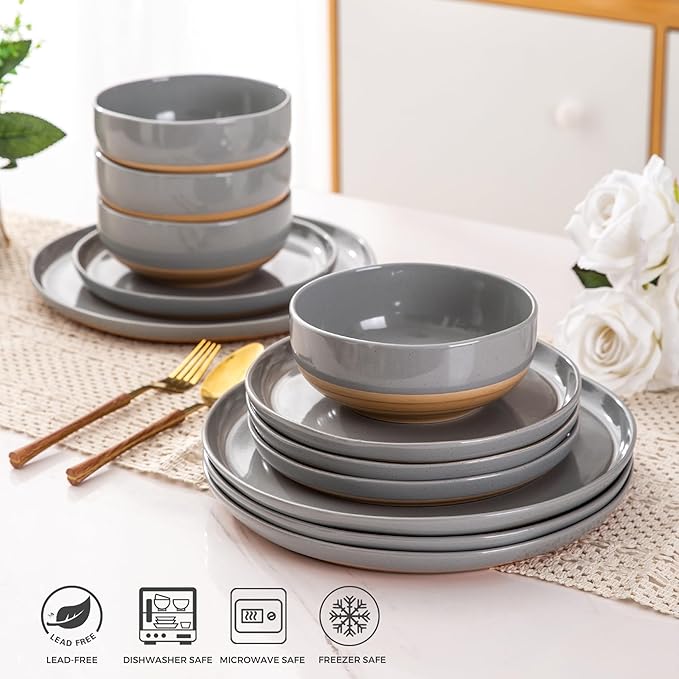 AmorArc Ceramic Dinnerware Sets for 4, 12 Pieces Handpainted Plates and Bowls Set with Rustic Terracotta Underside, Scratch Resistant Stoneware Dishes Set, Dishwasher & Microwave Safe, Gray