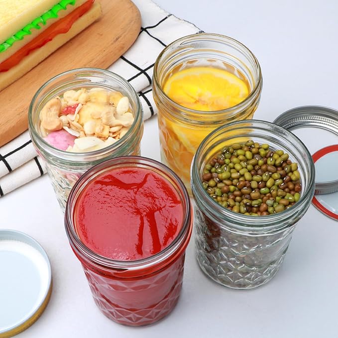 8oz Mason Jars, Canning Jars,Jam Jars forJelly,Honey, Wedding Favors, Food Storage,Kitchen & DIY Gifts, with Lables,Sponge Brush,Pen and Red Hemo Rope,Set of 24