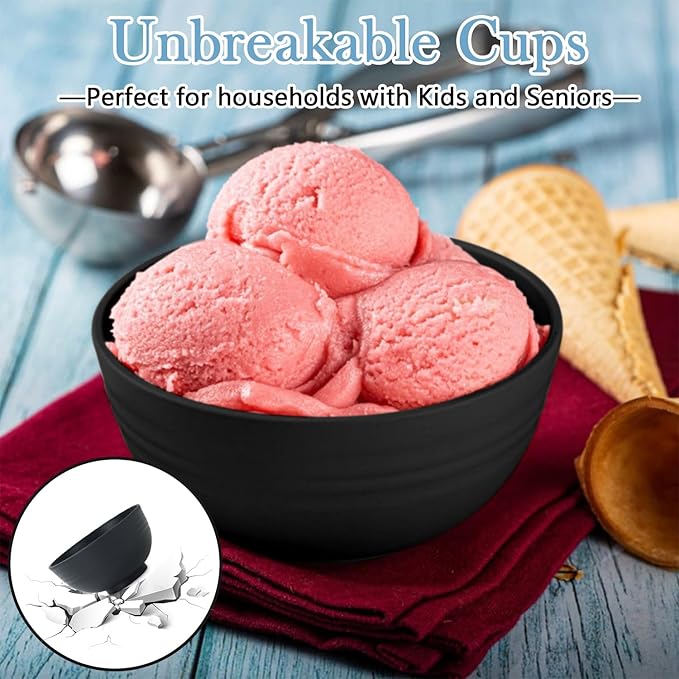 Wheat Straw Bowls Set of 8,10 OZ Small Bowls,Kids Bowls,Cereal Bowls,Plastic Bowls Reusable,Unbreakable Ice Cream Bowls for Dessert,Snack,BPA-Free,Dishwasher & Microwave Safe Bowls for Kitchen,Black