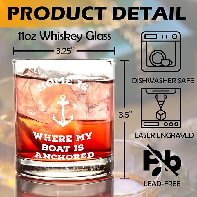 kunlisa Boat Gifts Whiskey Glasses, Nautical Gifts for Boaters, Home Is Where My Boat Is Anchored 10 oz Drinking Rocks Glasses for Men Whisky Cocktail Scotch Bourbon Liquor