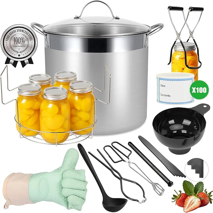 Stainless Steel Canning Pot with Rack and Lid, Large Water Bath Canner, Full Home Canning Supplies Starter Kit (20.5 Quarts, Black)