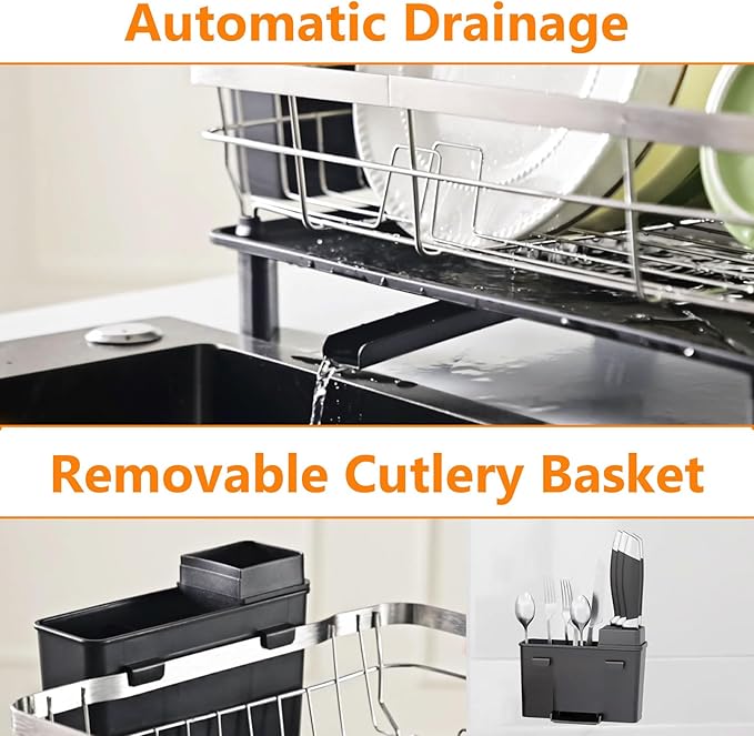 Stainless Steel Dish Drying Rack with Drainboard Dish Drainers for Kitchen Counter Extendable Spout Strainers with Utensil Holder and Knife Slots, Black