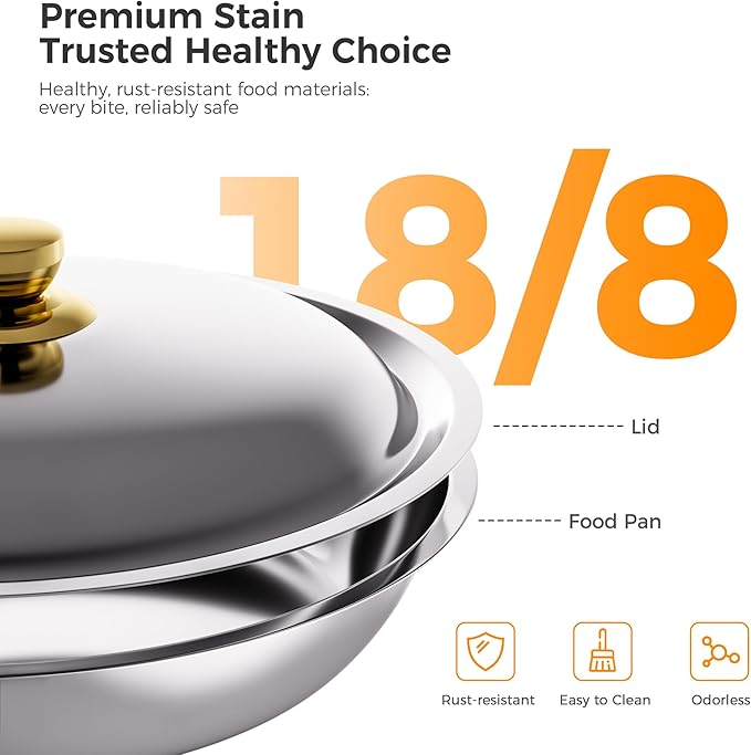 Gold 4 Pack Chafing Dishes for Buffet, 18/8 (304) Stainless Steel Food Pan with Lid, 6QT Round Chafing Dish Buffet Set Food Warmer, Food Warmers for Parties Buffet Catering Events Dinners