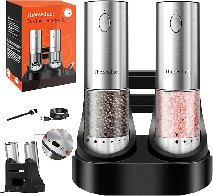 Upgraded Electric Salt and Pepper Grinder Set Automatic with Adjustable Grinding Speed and Externally Adjustable Coarseness, Rechargeable Pepper Grinder with USB Charging Base and LED Light