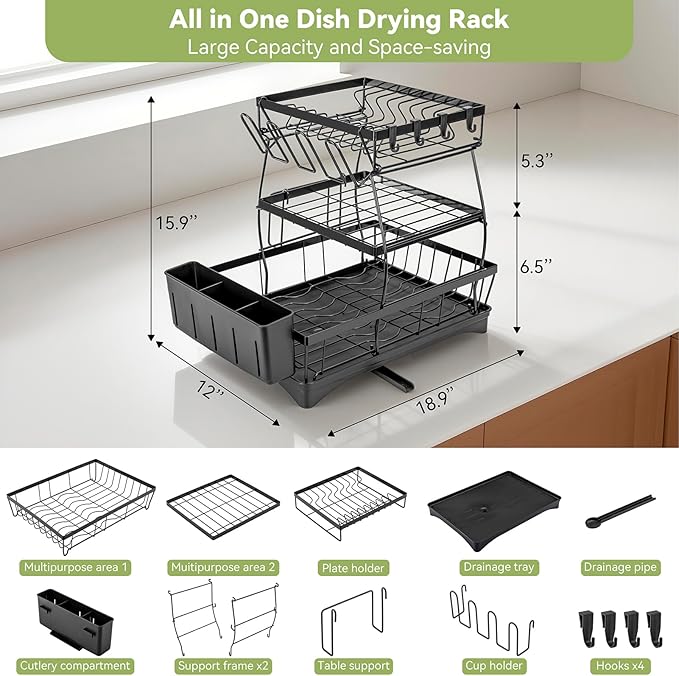 Dish Drying Rack for Kitchen Counter - 3 Tiers Stainless Steel Over Sink Dish Drainers, Space Saving Detachable Large Countertop Organizer with Utensil Holder, Cutting Board Rack (White)