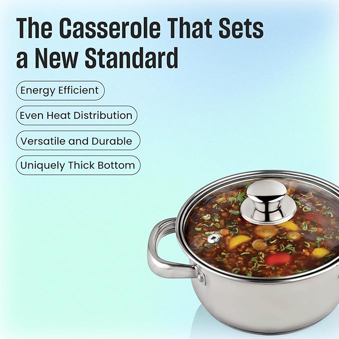 MARBELLA 4 Quart Stainless Steel Stockpot with Glass Lid – Heavy Duty Casserole for Stew, Soup, Induction, Gas & Dishwasher Safe (Silver)