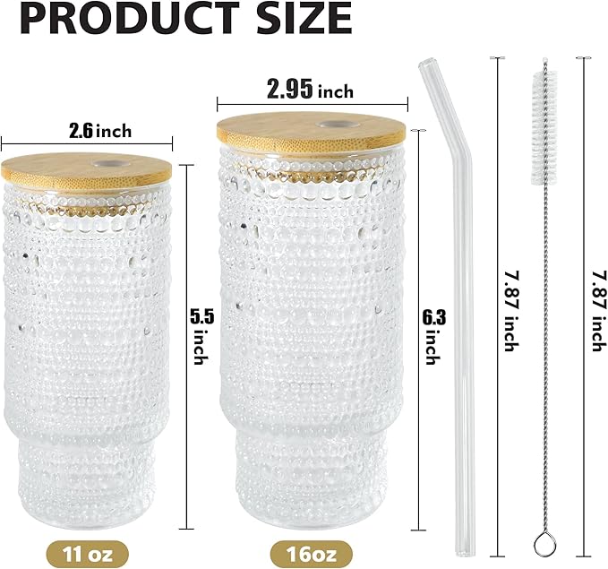 4 Pcs 16 oz Glasses Cups Set with Bamboo Lids Straws Brush Hobnail Glassware Set for Juice Iced Coffee Beer and Cocktail Whiskey