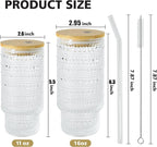 2 Pcs 11 oz Drinking Glasses Cups Set with Bamboo Lids Straws Brush Hobnail Small Drinking Glassware Set for Juice Iced Coffee Beer Cocktail Whiskey(Hobnail*2)