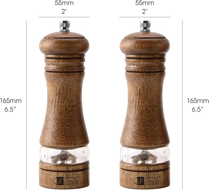 Wooden Salt and Pepper Grinder Set, 6.5 inch Rubber Wood Salt and Pepper Mills Set of 2 with Acrylic Visible Window & Adjustable Ceramic Rotor