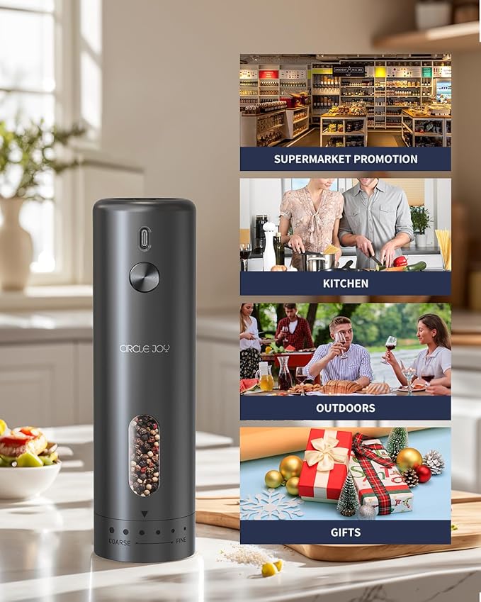 CIRCLE JOY Electric Pepper Grinder Rechargeable, Automatic Pepper Mill with 110ml Container, External Adjustable Coarseness, White Led Light and One-Handed Operation, Black