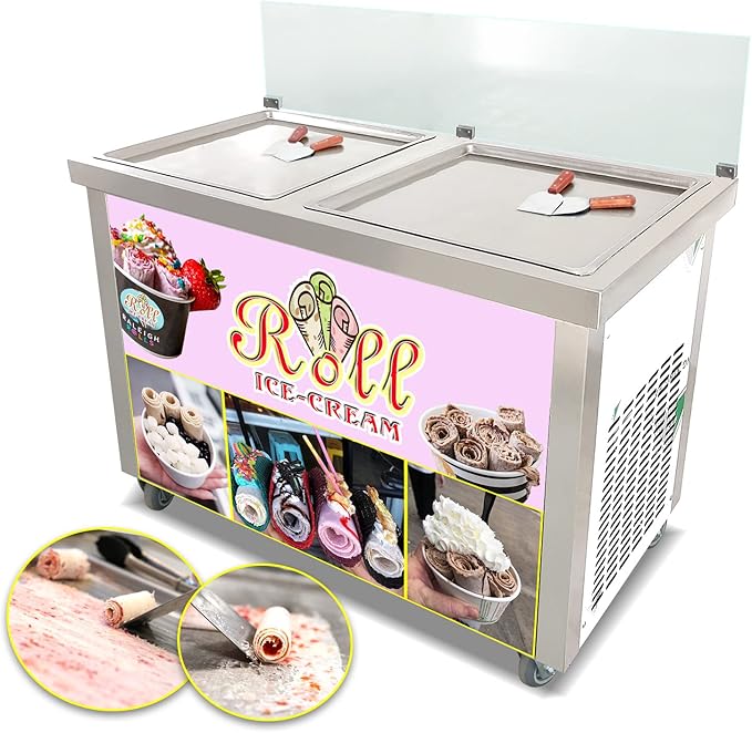 Kolice ETL Commercial 21"x21" Double Square Pans Fried Ice Cream Roll Machine, Yogurt Thai Stir Roll Ice Cream Machine-Auto Defrost, Transparent Sneeze Guard