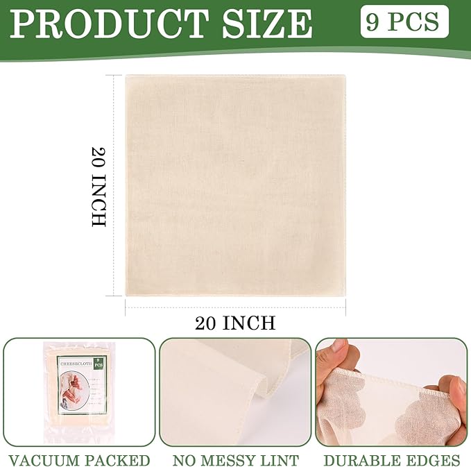 WMKGG Cheese Cloth, 9 PCS,20x20 Inch, Precut Cheesecloth for Straining, Hemmed 4 Edges, Grade 100, Reusable Unbleached Fine Mesh Cotton for Cooking, Juicing, Cheese Making, Baking, Yogurt