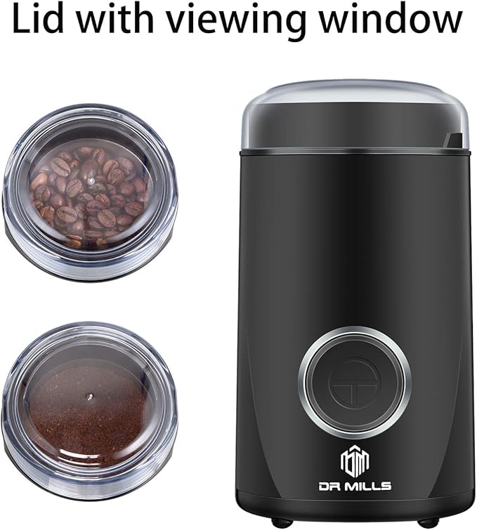DR MILLS DM-7441 Coffee Grinder Electric, Coffee Bean and Dried Spice Grinder, One Touch Operation, Blade and cup made with SUS304 stainless steel (Black)