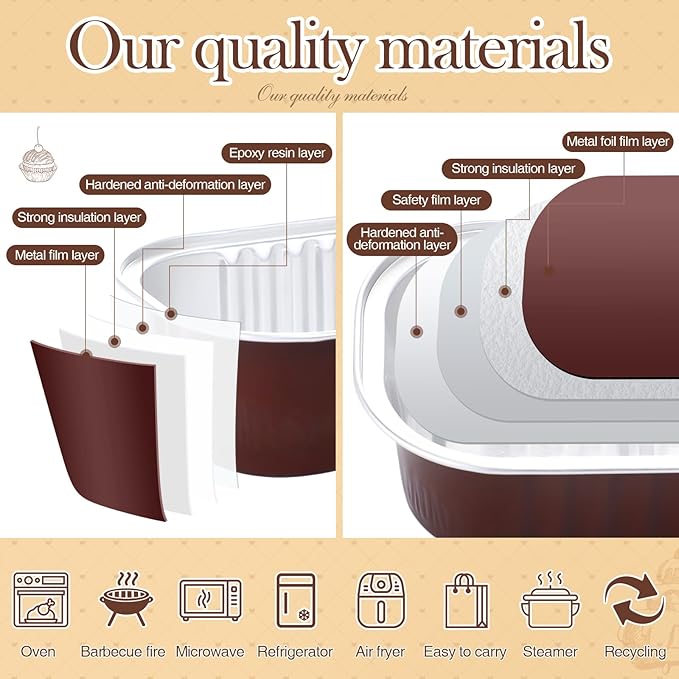 Tioncy 50 Pcs Mini Brown Loaf Pans with Lids Spoons Sticker Chocolate Pattern 6.8oz Disposable Rectangle Aluminum Foil Baking Pans Muffin Cupcake Cups for Picnics Wedding Birthday Baby Shower