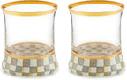MACKENZIE-CHILDS Tumbler Glasses, Elegant Drinkware, Glasses with Gold Rim, 8 Ounces, Set of 2, Gray-and-White Sterling Check