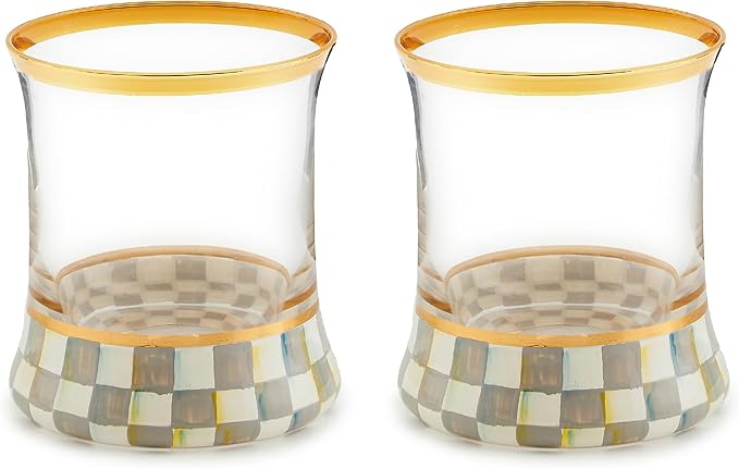 MACKENZIE-CHILDS Tumbler Glasses, Elegant Drinkware, Glasses with Gold Rim, 8 Ounces, Set of 2, Gray-and-White Sterling Check