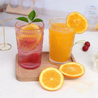 6pcs Vintage Drinking Glasses Set, 12 oz Pink Highball Glasses, Embossed Ribbed Glassware Cups for Cocktail, Water, Juice, Coffee, Whiskey