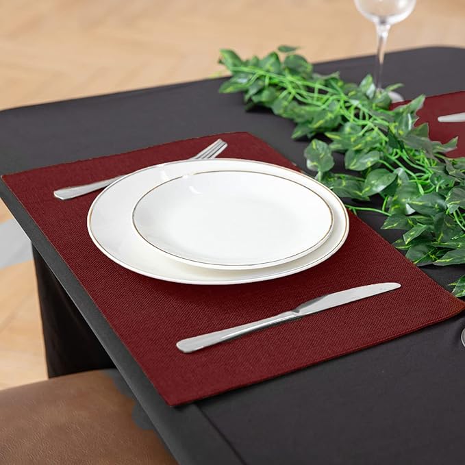 Linen Placemats Set of 8, Machine Washable, Heat Resistant, Wrinkle Free, Thick Polyester Kitchen Place Mats for Dining Table (Burgundy)