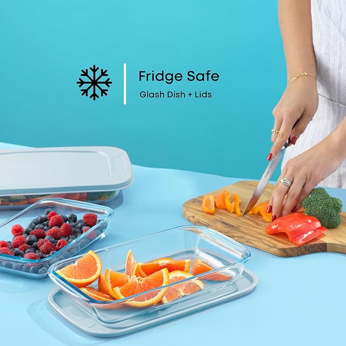 JoyJolt 8-Piece Borosilicate Glass Oven Dishes with Powder Blue Lids, Rectangle Deep Glass Baking Dish Set, Baking Pans for Lasagna Casserole Cake, Bakeware Set, Freezer to Oven Tray to Dishwasher