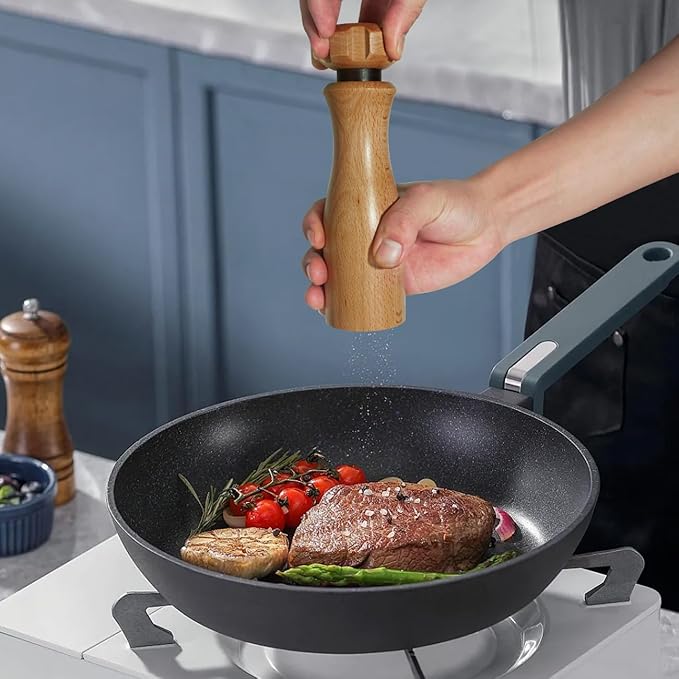 Wooden Pepper Grinder – 【Gear-Shape Knob & Effortless Grinding】8 in Salt Grinder Refillable & Pepper Mill with Adjustable Coarseness,Beech + Black Walnut, Premium Ceramic Mechanism for both kitchen