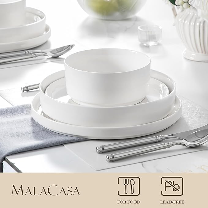 MALACASA 24 Pieces Porcelain Dinnerware Set, Modern White Dish Set for 6, Premium Serving Plates and Bowls Sets, Chip and Scratch Resistant Dishware Sets Kitchen Dishes Dining Ware Set, Series LEAH