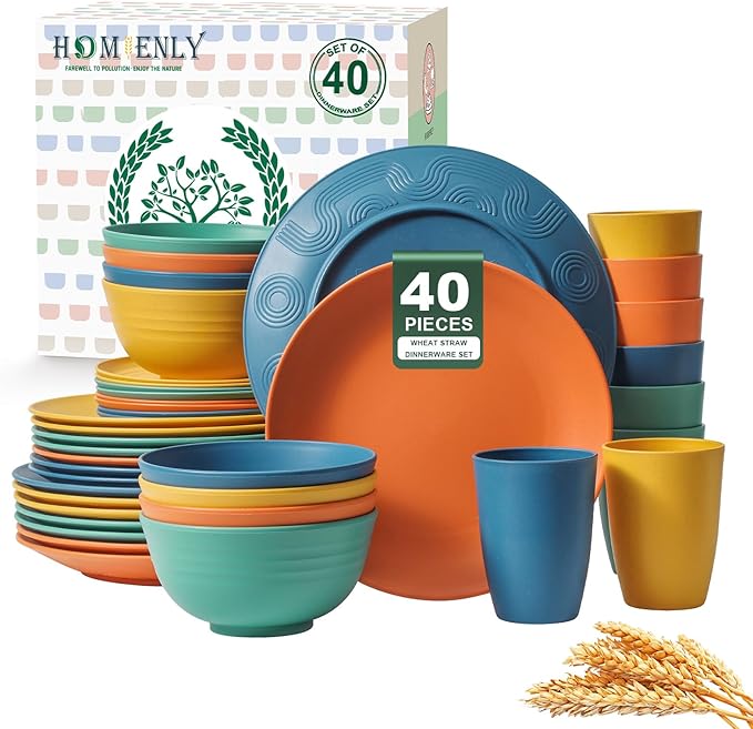 Homienly 40-Piece Premium Wheat Straw Dinnerware Sets, Service for 8, Unbreakable Plates and Bowls Set - Cups Sets, Dinner Plates, Bowls for Kitchen,Dishwasher and Microwave Safe Dishes Set - Multi