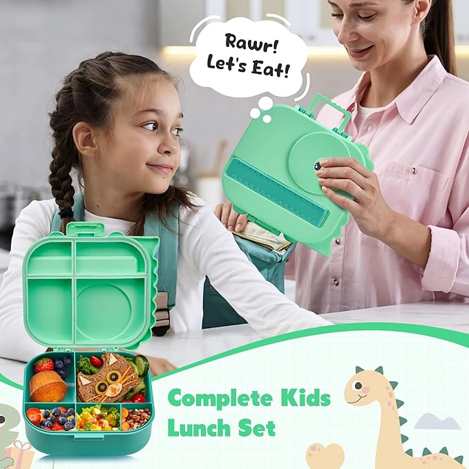 Bento Lunch Box with Thermo, 4-Compartment Bento Box with Adjustable Dividers, Leakproof Dinosaur Lunch Box with 14.2OZ Insulated Food Jar & Sauce Jar, for School Office Travel(Green)