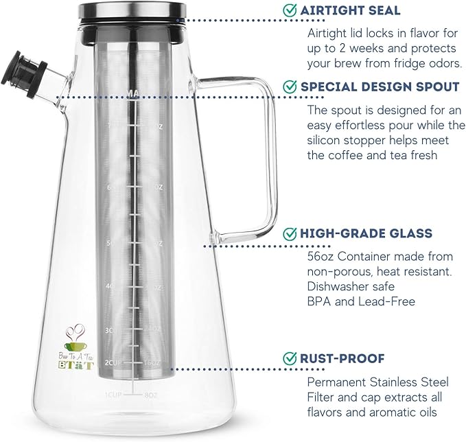 BTaT- Cold Brew Coffee Maker, 2 Liter (2 Quart, 64 oz), Iced Coffee Maker, Iced Tea Maker, Cold Brew Maker, Tea Pitcher, Coffee Accessories, Iced Tea Pitcher, Cold Brew System