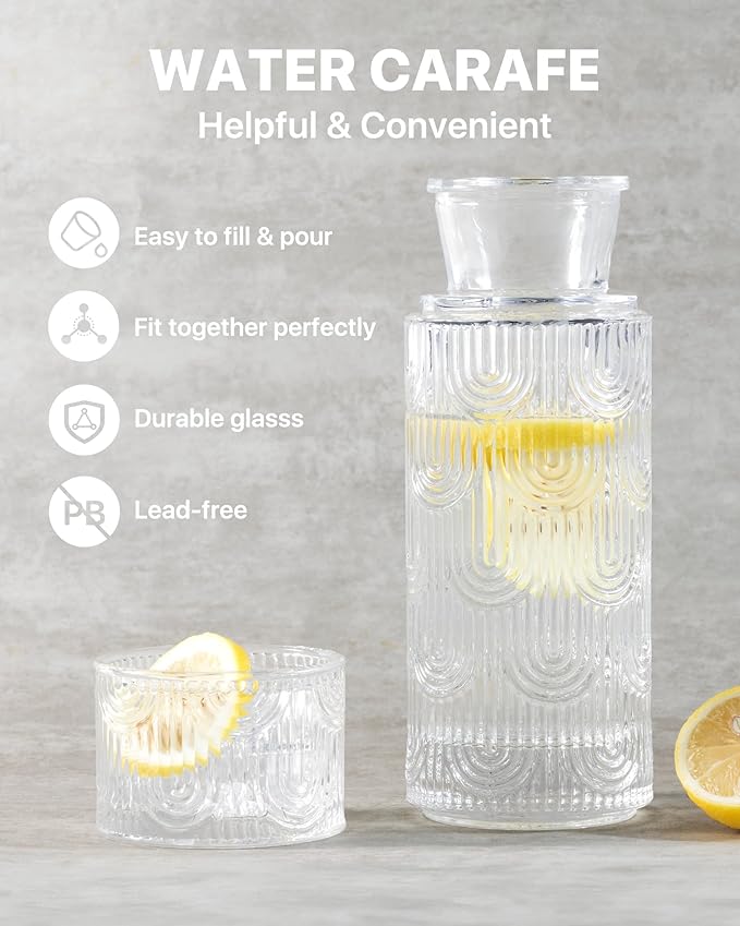 Bedside Water Carafe and Glass Set, Mouthwash Dispenser for Bathroom, 21.6 Oz Glass Water Bottles with 6 Oz Drinking Cup as Lid, Pitcher for Nightstand, Kitchen (Clear)