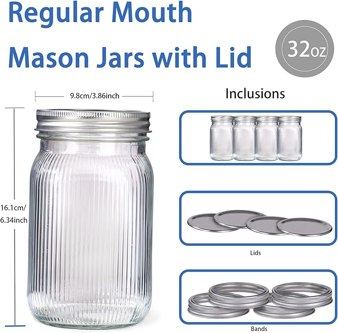 LUODA MirthMood 32 OZ Wide Mouth Mason Jars, 4 PACK Glass Mason Jars with airtight Lids, Quart mason jars wide mouth for Fermenting, Pickling, Freezing, Preserving, Meal Prep, Jar Décor