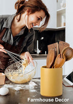 Nucookery Utensil Holder, 6.4" Ceramic Kitchen Utensil Holder for Countertop with Protection Cork Bottom, Vintage Farmhouse Kitchen Decor for Counter (Yellow Sand)