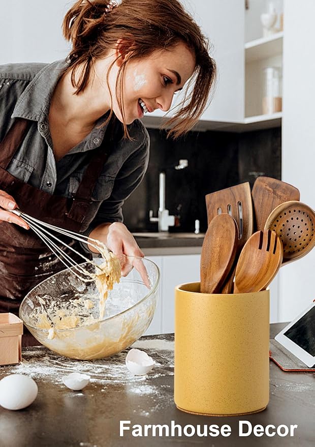 Nucookery Utensil Holder, 6.4" Ceramic Kitchen Utensil Holder for Countertop with Protection Cork Bottom, Vintage Farmhouse Kitchen Decor for Counter (Yellow Sand)
