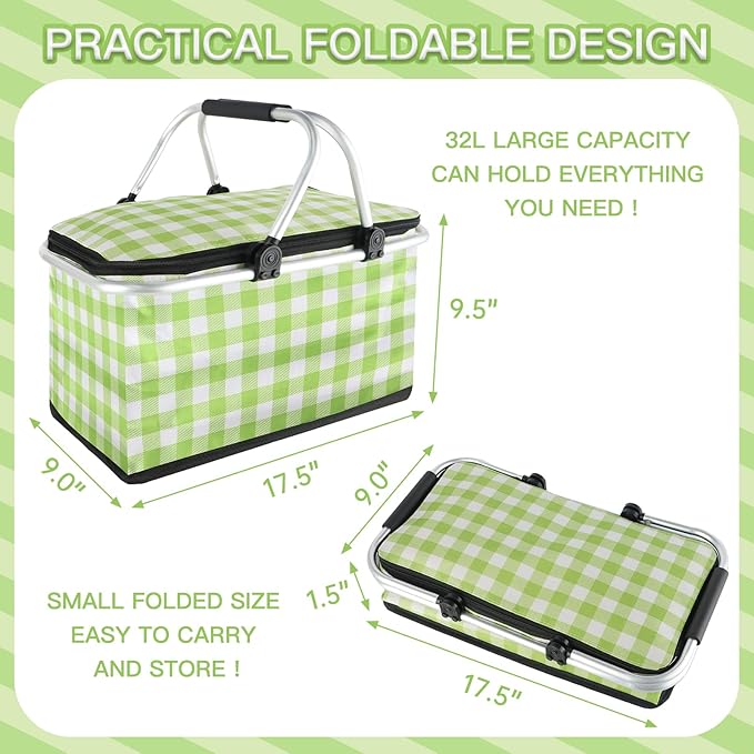 Insulated Picnic Basket,Collapsible Cooler Bag,32L Grocery Basket with Lid,2 Sturdy Handles,Storage Basket for Picnic,Food Delivery,Take Outs,Market Shopping,Travel (Green Grid)