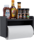 MyGift Modern Coal Black Solid Wood Wall Mounted Paper Towel Roll Holder and Top Shelf, Hanging Kitchen Disposable Napkin Dispenser with Spice Storage Rack