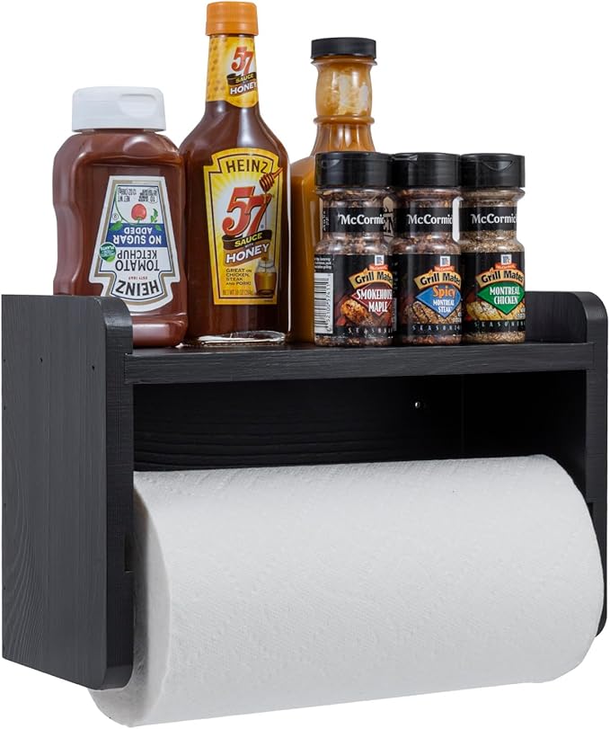 MyGift Modern Coal Black Solid Wood Wall Mounted Paper Towel Roll Holder and Top Shelf, Hanging Kitchen Disposable Napkin Dispenser with Spice Storage Rack