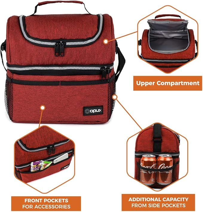 OPUX Lunch Box For Men Women, Insulated Large Lunch Bag Adult Work, Double Decker Lunchbox Meal Prep, Dual Compartment Leakproof Lunch Cooler, Soft Lunch Pail Tote Boys Girls Kids School, Red 16 Cans