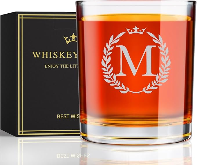 Personalized Whiskey Glasses Gifts for Men, Monogrammed Engraved A-Z 10.6 oz Rocks Glass Customized Gift, Unique Christmas Birthday Gifts for Men Him Dad Husband Brother Son (M)