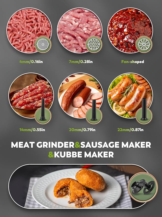 Meat Grinder Electric 3200W Meat Mincer Chopper Machine Multifunctional with Cutting Blade 3 Grinding Plates 3 Sausage Stuffers Kubbe Kit Juicer Cheese Grater Veggie Shredder