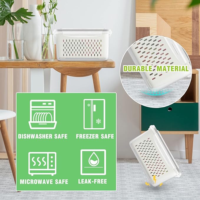 5 Pack Fruit Storage Containers for Fridge, Produce Saver Vegetable Container with Drain Colanders - Refrigerator Organizer for Lettuce Keepers Berry Container