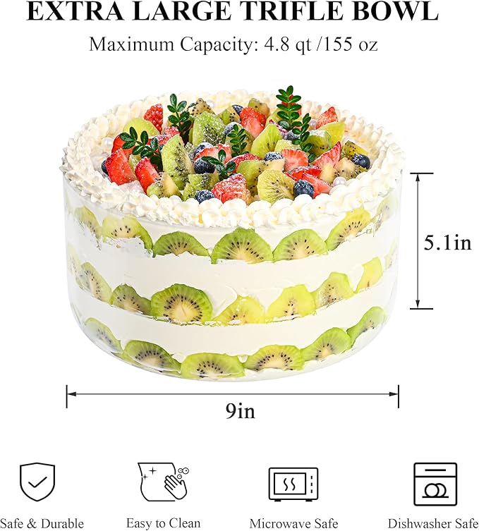 Large Salad Bowl, 155 oz Trifle Bowl Glass with Sealed Lid,Large Glass Food Storage Versatile Serving Bowl for Laying Ice Cream,Cake,Cupcake,Salad,Fruit,Baking,Dessert and Party Diy, Microwave Safe