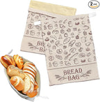 2 Pack Reusable Beeswax Bread Bags for Homemade Sourdough, Kitchen Baking Extra Large 13"x17" Food Storage Fresh Keeping Linen & Beeswax Bread Bags