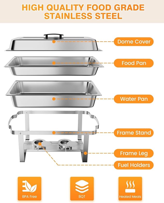 GarveeHome Chafing Dish Buffet Set 6 Pack, 8 QT Food Servers and Warmers Stainless Steel Chafer with Water Pan for Weddings, Parties, Banquets, and Catering
