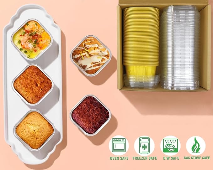 14 oz Mini Cake Pans with Lids, Square Muffin Pans, Multi-purpose Aluminum Baking Cups, Premium Dessert Cups, Creme Brulee Ramekins Oven Safe, 60 Pack