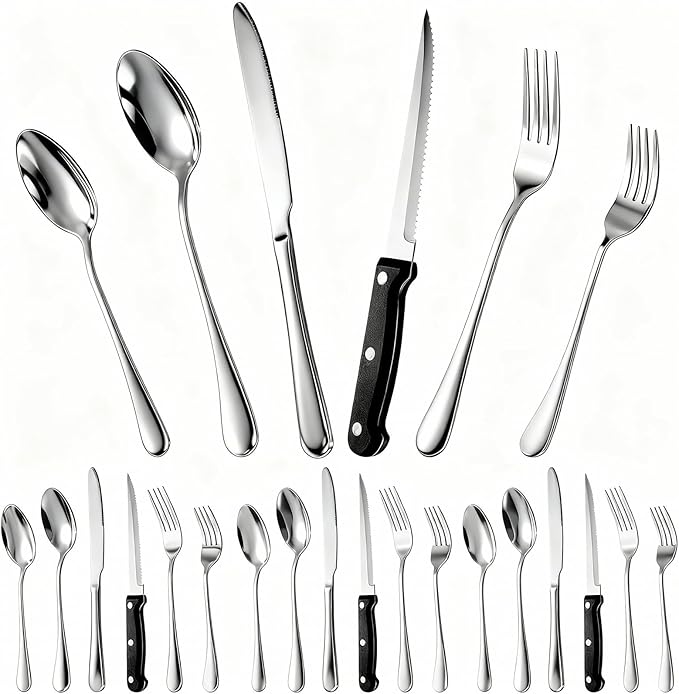 Silverware Set with Steak Knives, Stainless Steel Flatware Cutlery Set for 4, Spoons Forks and Knives Sets, Mirror Finished Utensil Sets Dishwasher Safe (24PCS Silver)