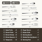 Luciella Tropea Polished Flatware Set for 8, 45-Piece Premium 18/10 Stainless Steel Silverware Set with Serving Utensils, Modern Mirror Finish, Rust Resistant, Dishwasher Safe
