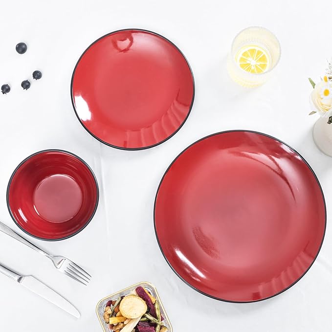 Plates and Bowls Sets for 4 - CJDC-QUELO 16-Piece Stoneware Dinnerware Sets, Ceramic Dishware Set for Indoor Kitchen Use and Formal Dining, Chip and Scratch Resistant Microwave Dishwasher Safe, Red